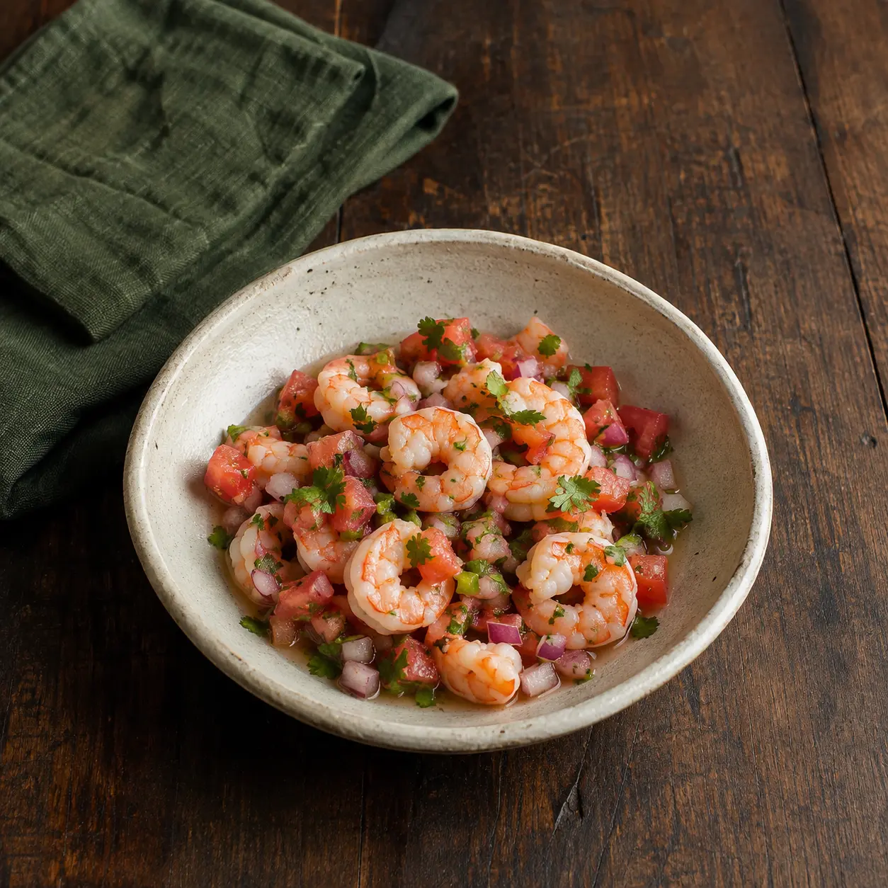 Cooked pink shrimp ceviche with tomato, onion, cilantro, and lime in cream stoneware.