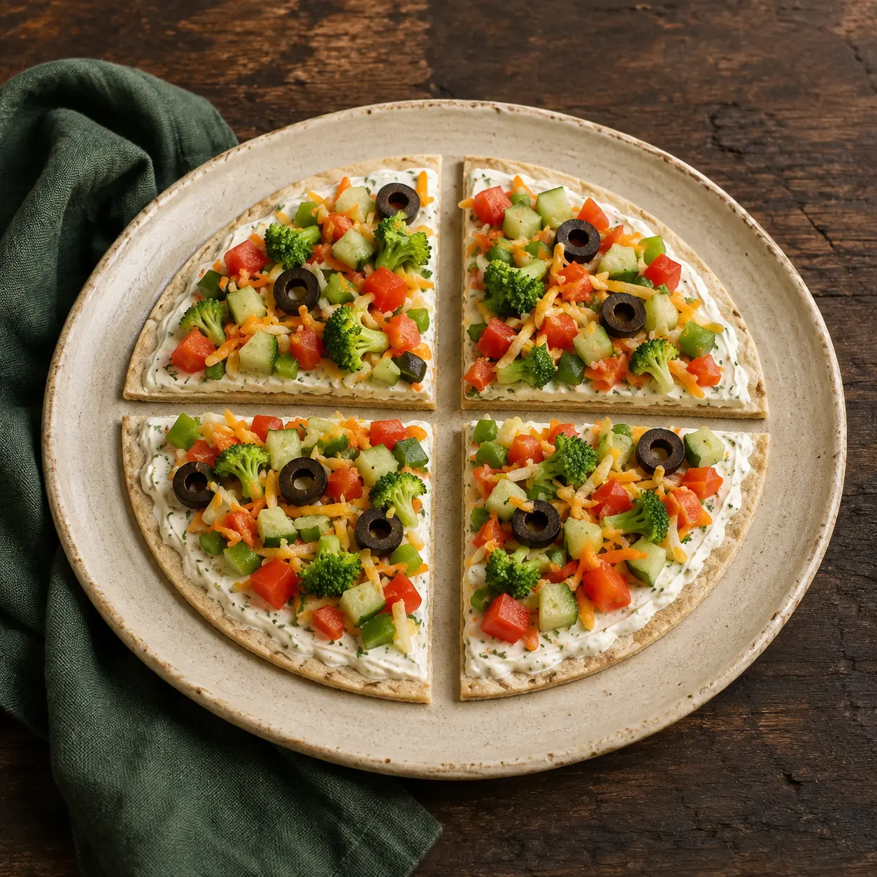 Ranch vegetable flatbread wedges on a cream stoneware plate beside forest-green linen.