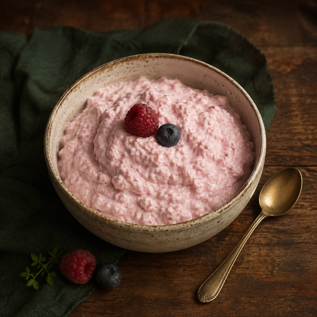 Berry cottage-cheese fluff in a cream bowl beside forest-green linen.