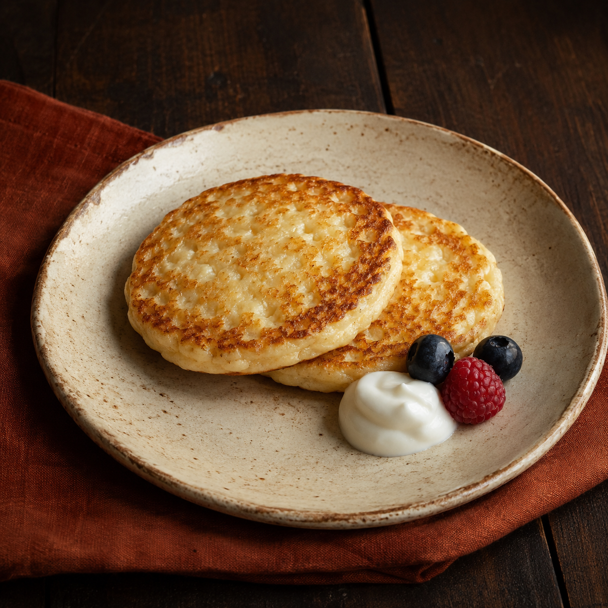 Painterly guildhall serving of High-protein Cottage Cheese Pancakes beside muted-rust linen.