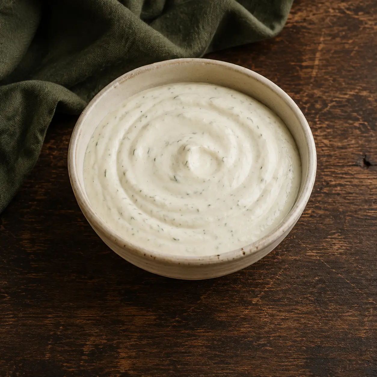 Thick smooth cottage-cheese ranch with fine green herb flecks in a cream stoneware bowl.