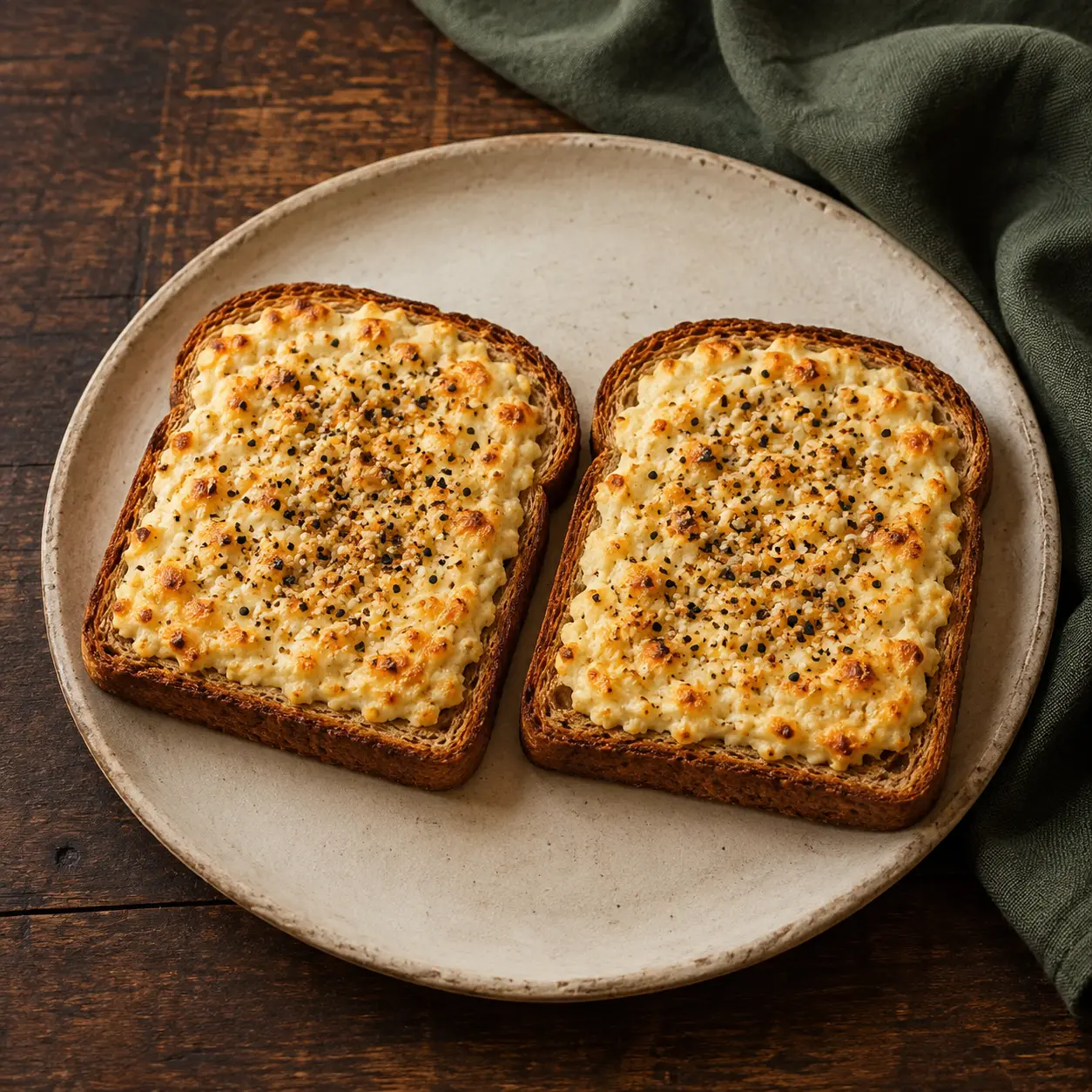 Two slices of golden cottage cheese and egg toast on a cream stoneware plate beside forest-green linen.