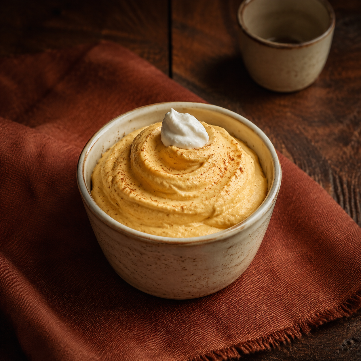 Painterly guildhall serving of Creamy Pumpkin Mousse beside muted-rust linen.