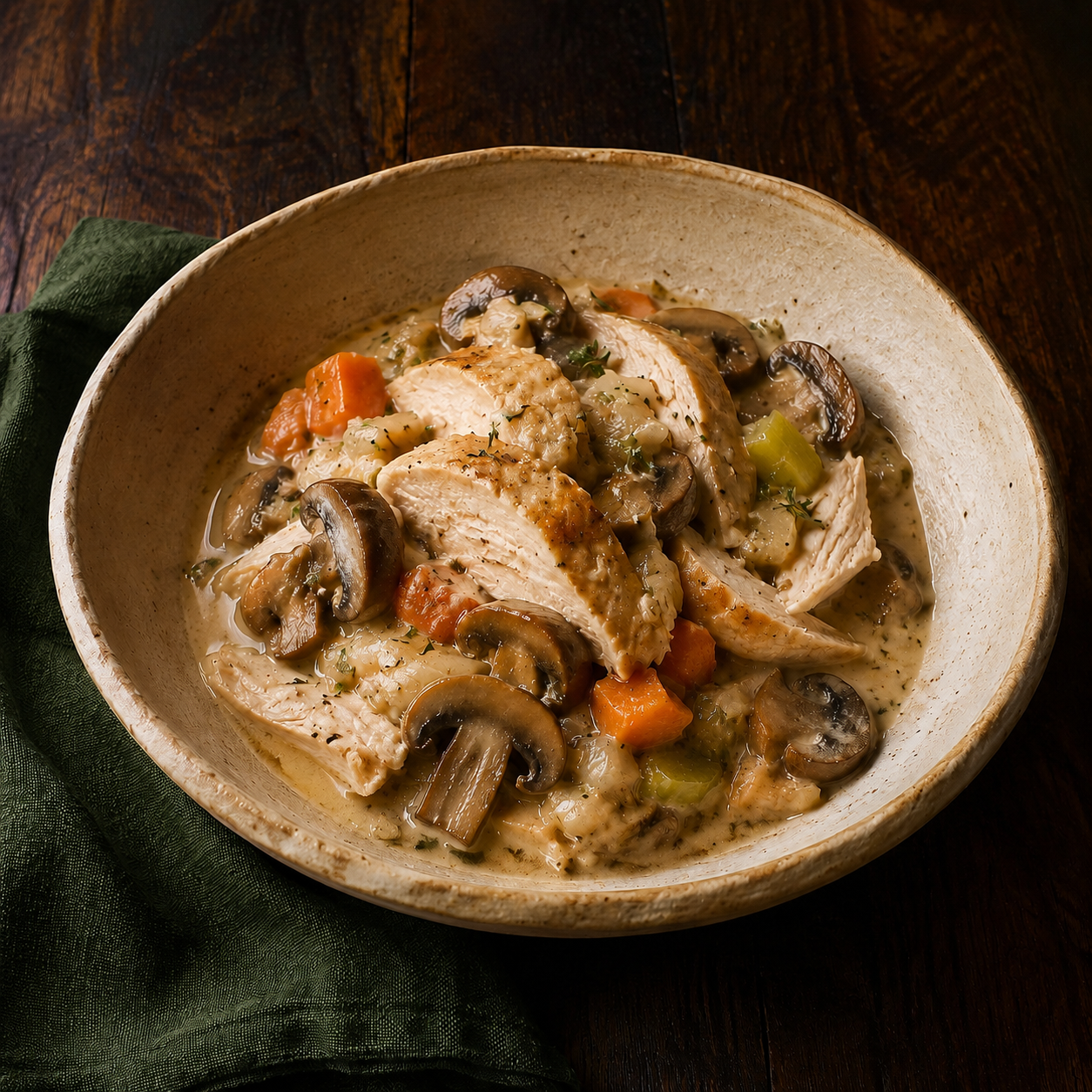 Painterly guildhall serving of Creamy Slow Cooker Chicken beside forest-green linen.