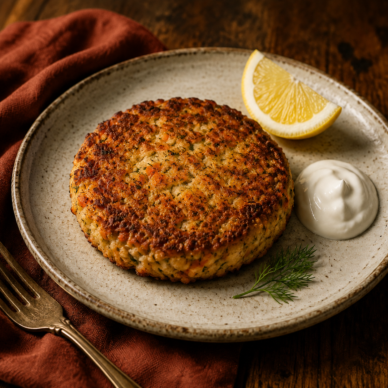 A small golden tuna cake with herbs beside muted-rust linen.