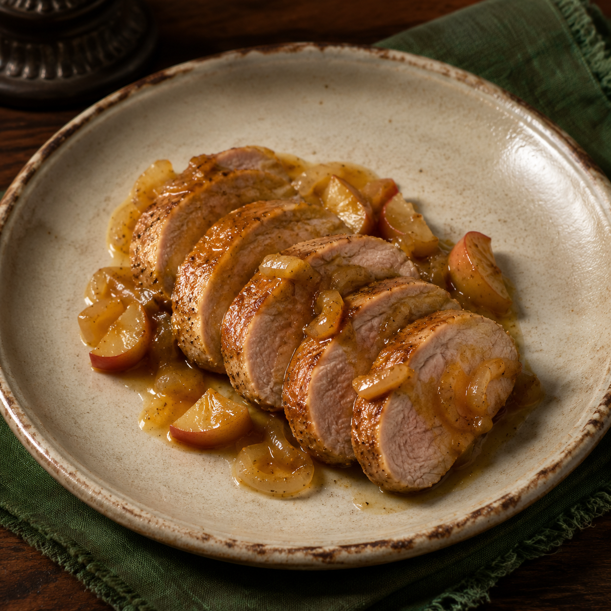 Painterly guildhall serving of Curried Pork Tenderloin with Apple Cider beside forest-green linen.