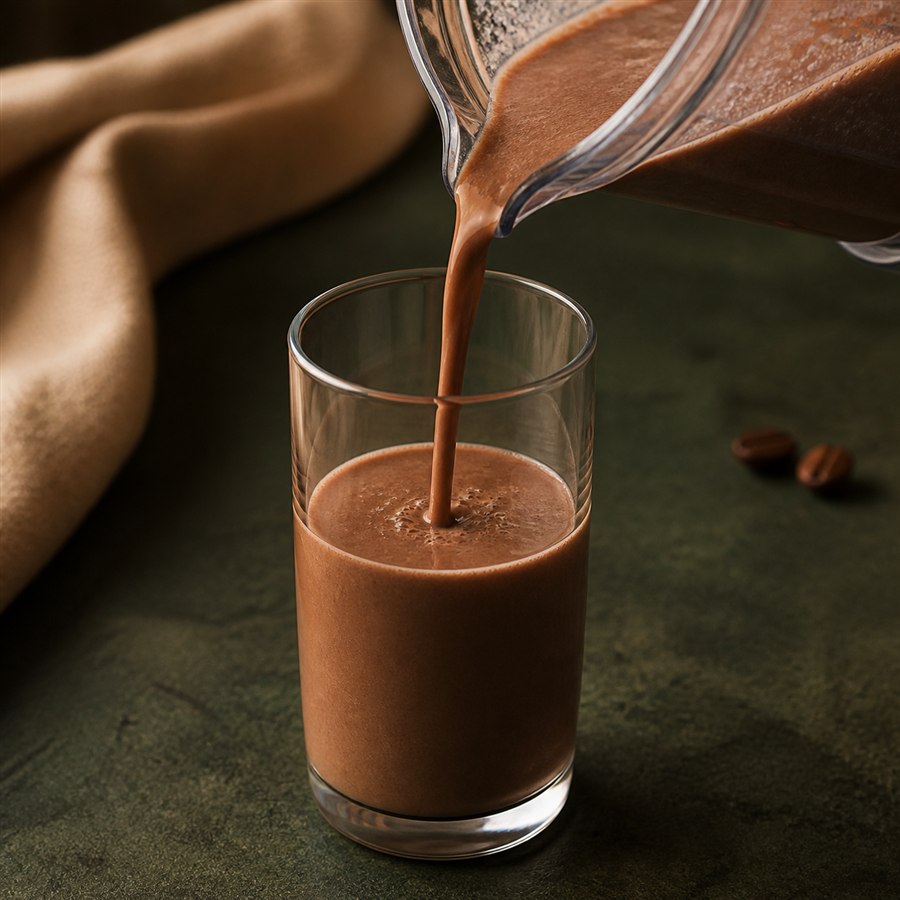 A small decaf mocha protein shake pouring from a clear blender pitcher into a slender glass.