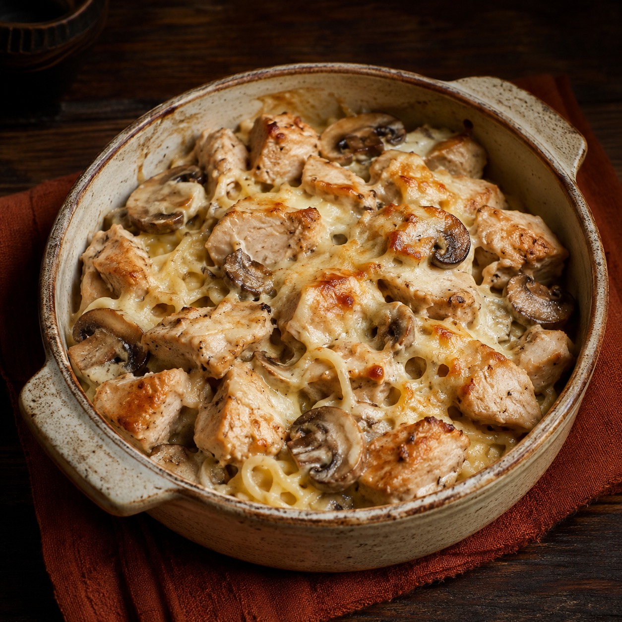 Painterly guildhall serving of Easy Chicken Tetrazzini beside muted-rust linen.