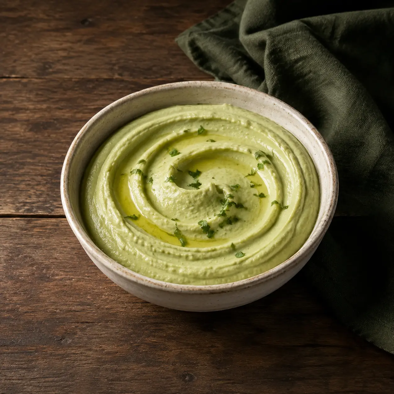 Smooth pale-green edamame hummus with a restrained olive-oil sheen in cream stoneware.