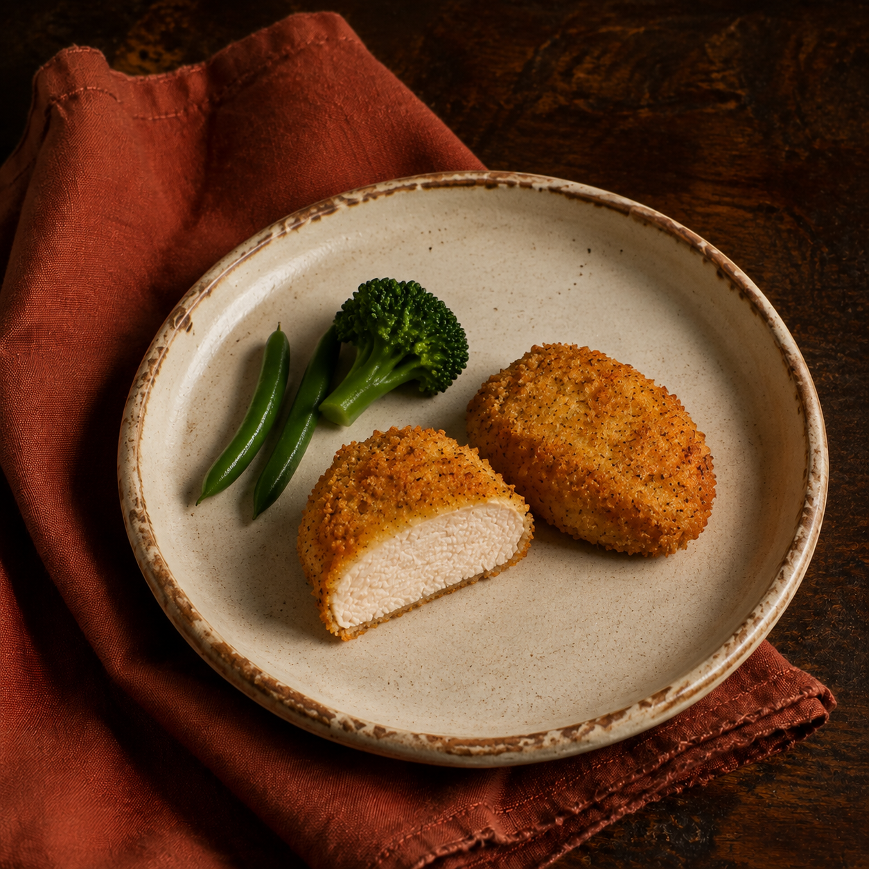 Painterly guildhall serving of Faux Fried Chicken beside muted-rust linen.