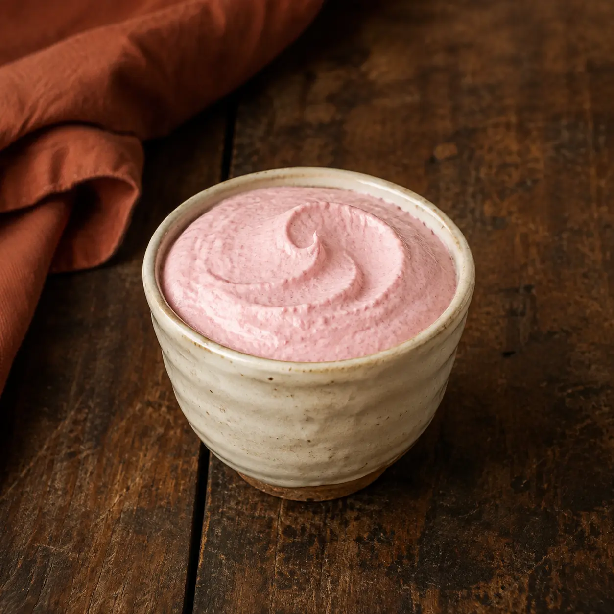 Airy fruit gelatin whip in a cream stoneware cup beside muted-rust linen.