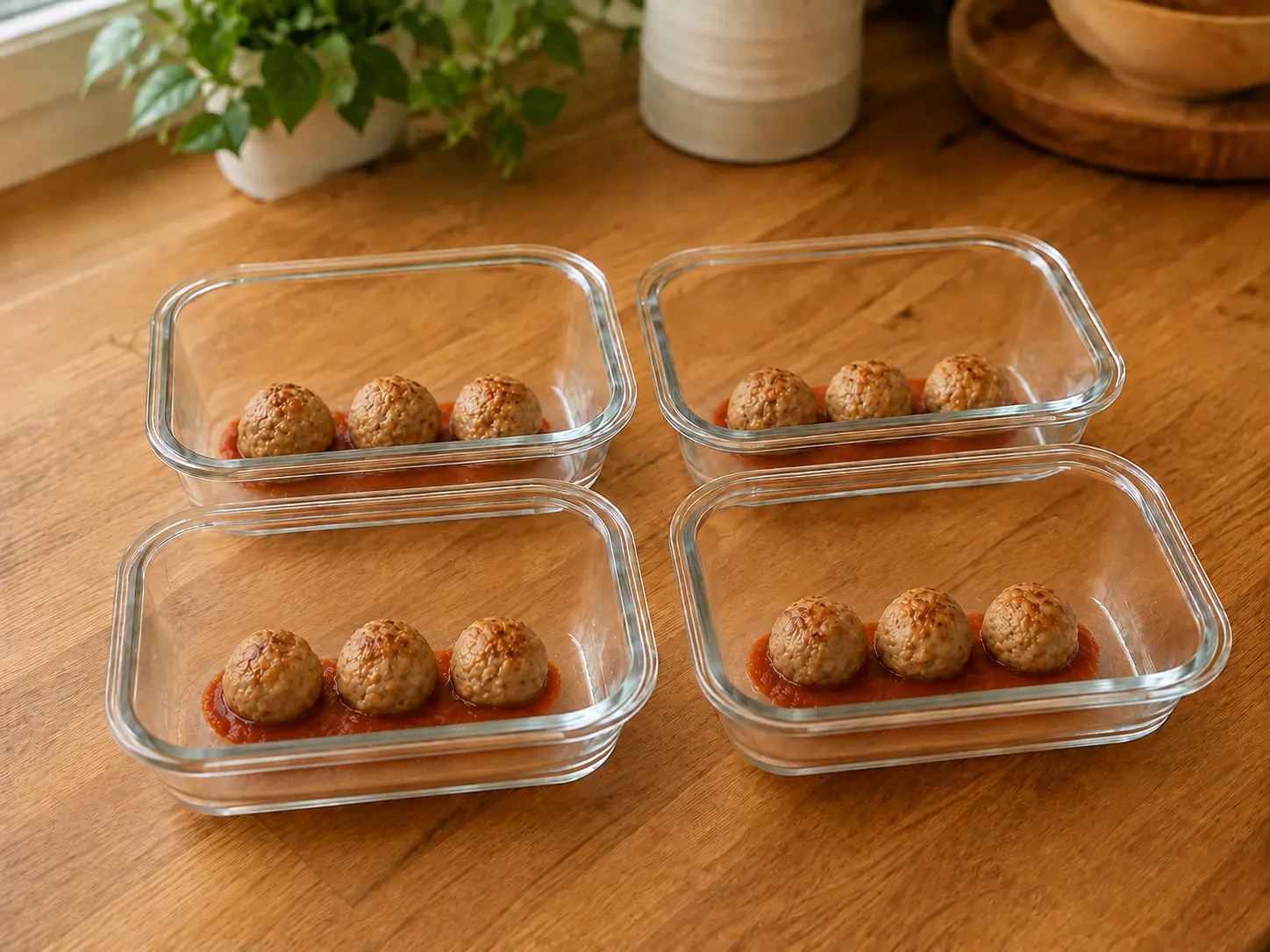 Four clear glass meal-prep containers each holding three small turkey meatballs in tomato sauce on a warm wooden provisioning table.