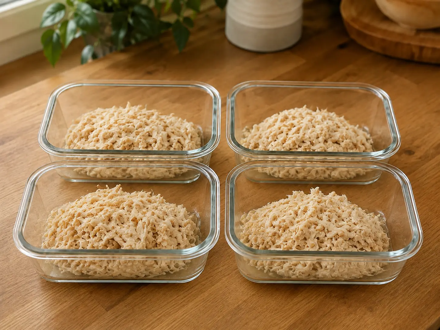 Four clear glass meal-prep containers holding measured portions of finely shredded broth-moistened chicken on a warm wooden provisioning table.