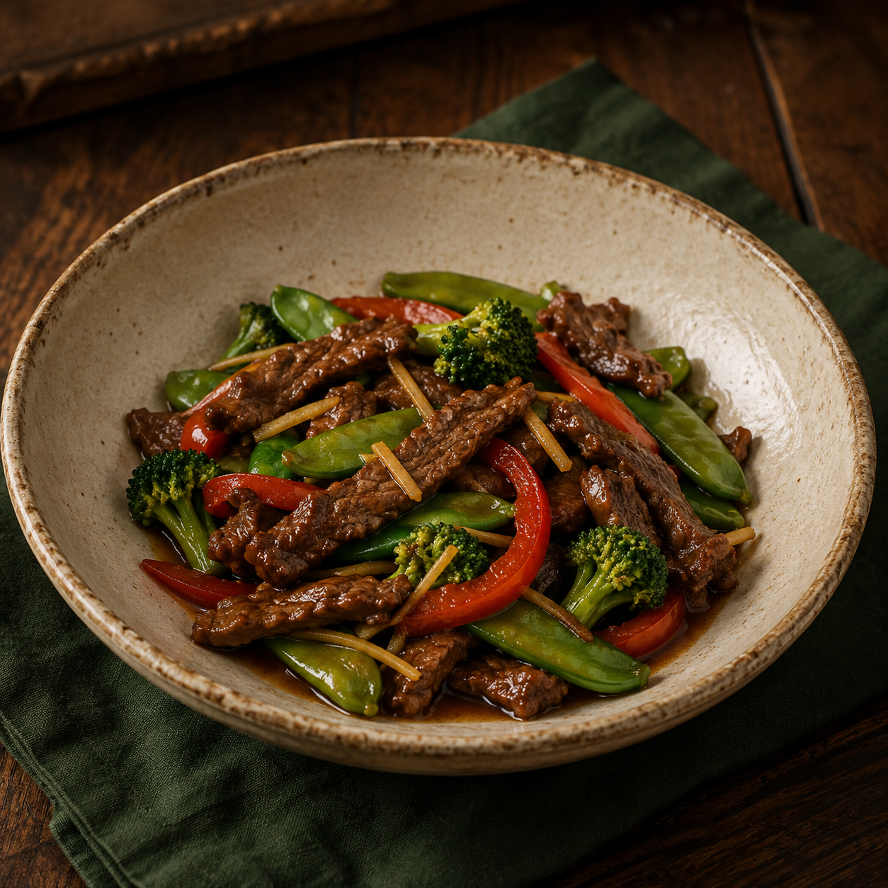 Painterly guildhall serving of Ginger Beef Stir Fry beside forest-green linen.