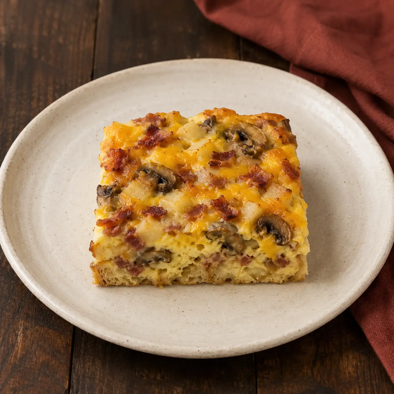 Tender egg, turkey bacon, cheese, and potato breakfast casserole beside muted-rust linen.