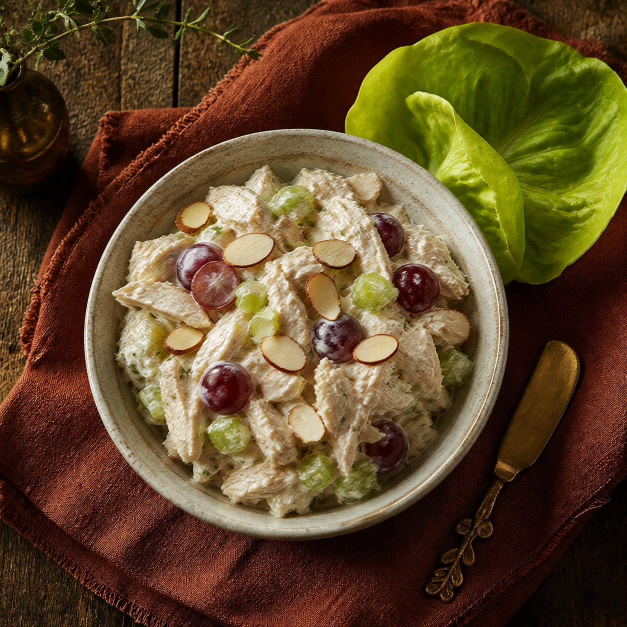 Greek yogurt chicken salad with almonds and grapes