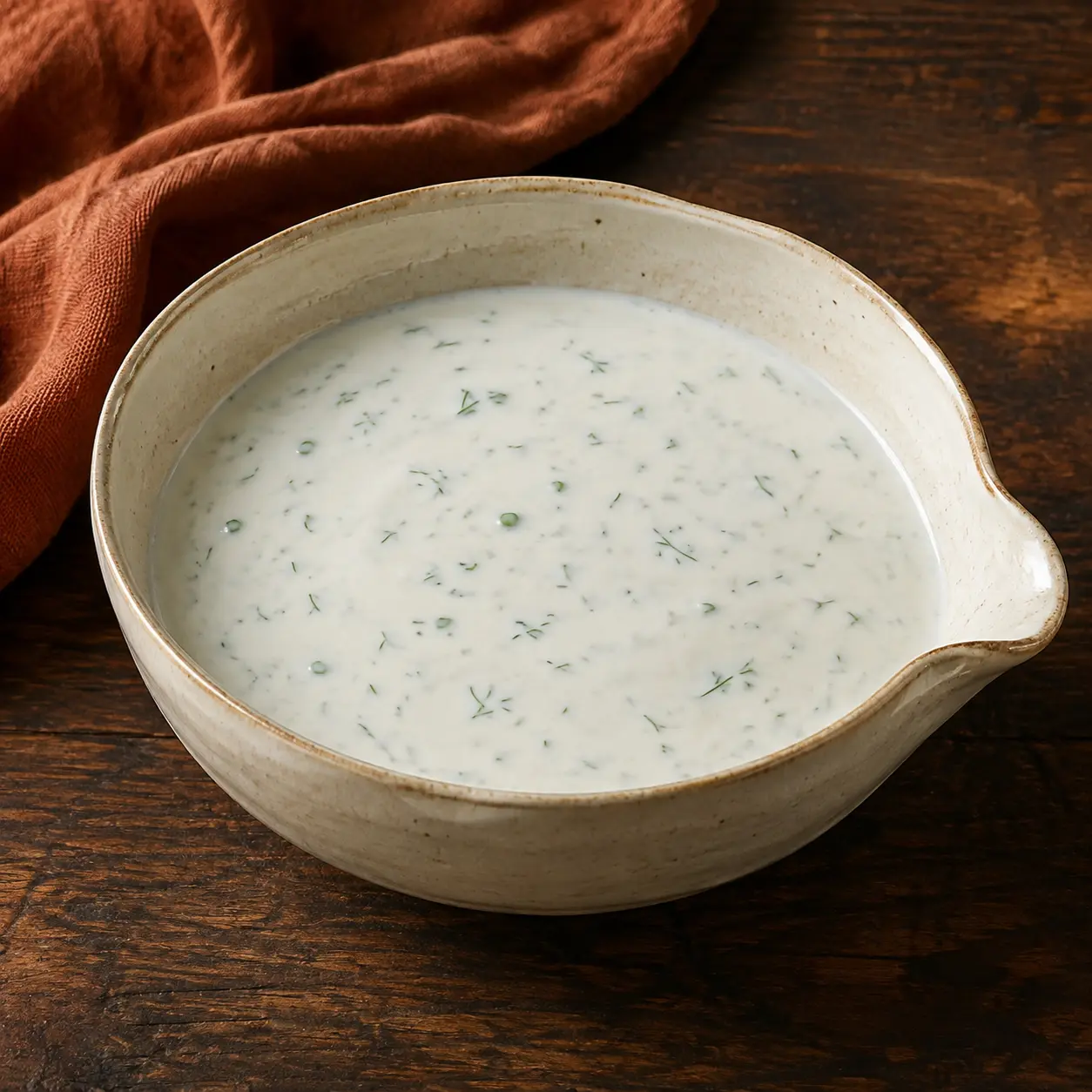 Silky Greek-yogurt ranch dressing with fine green herb flecks in a cream stoneware bowl.