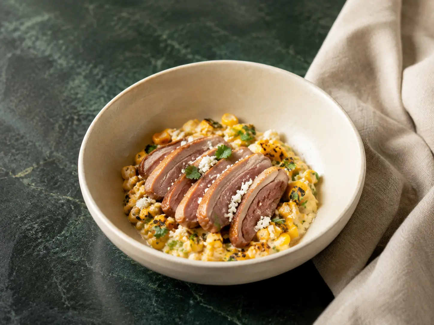 A small cream stoneware bowl of skinless grilled duck, charred sweet corn, light lime-yogurt dressing, cotija, and a little cilantro.