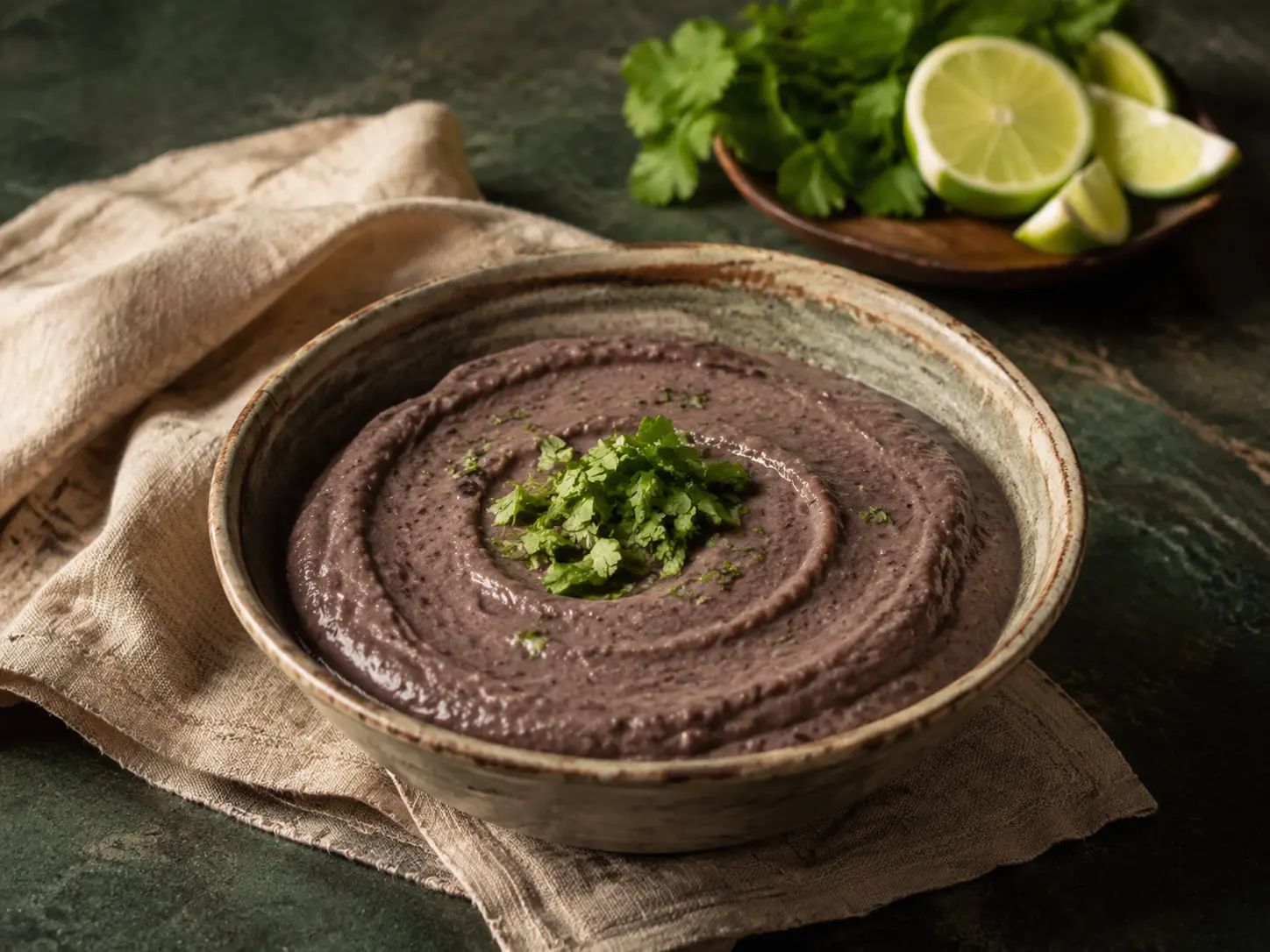 A modest rustic bowl of perfectly smooth dark black bean dip with restrained cilantro and lime in the background.
