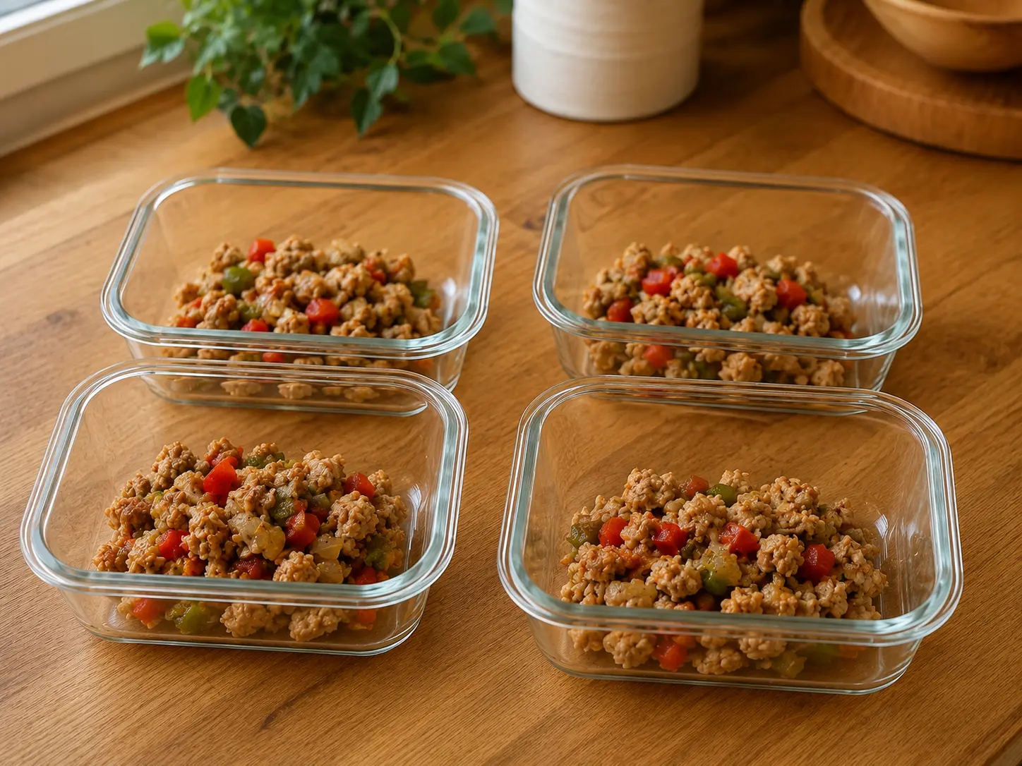 Four clear glass meal-prep containers holding moist ground turkey with tender red and green peppers on a warm wooden provisioning table.