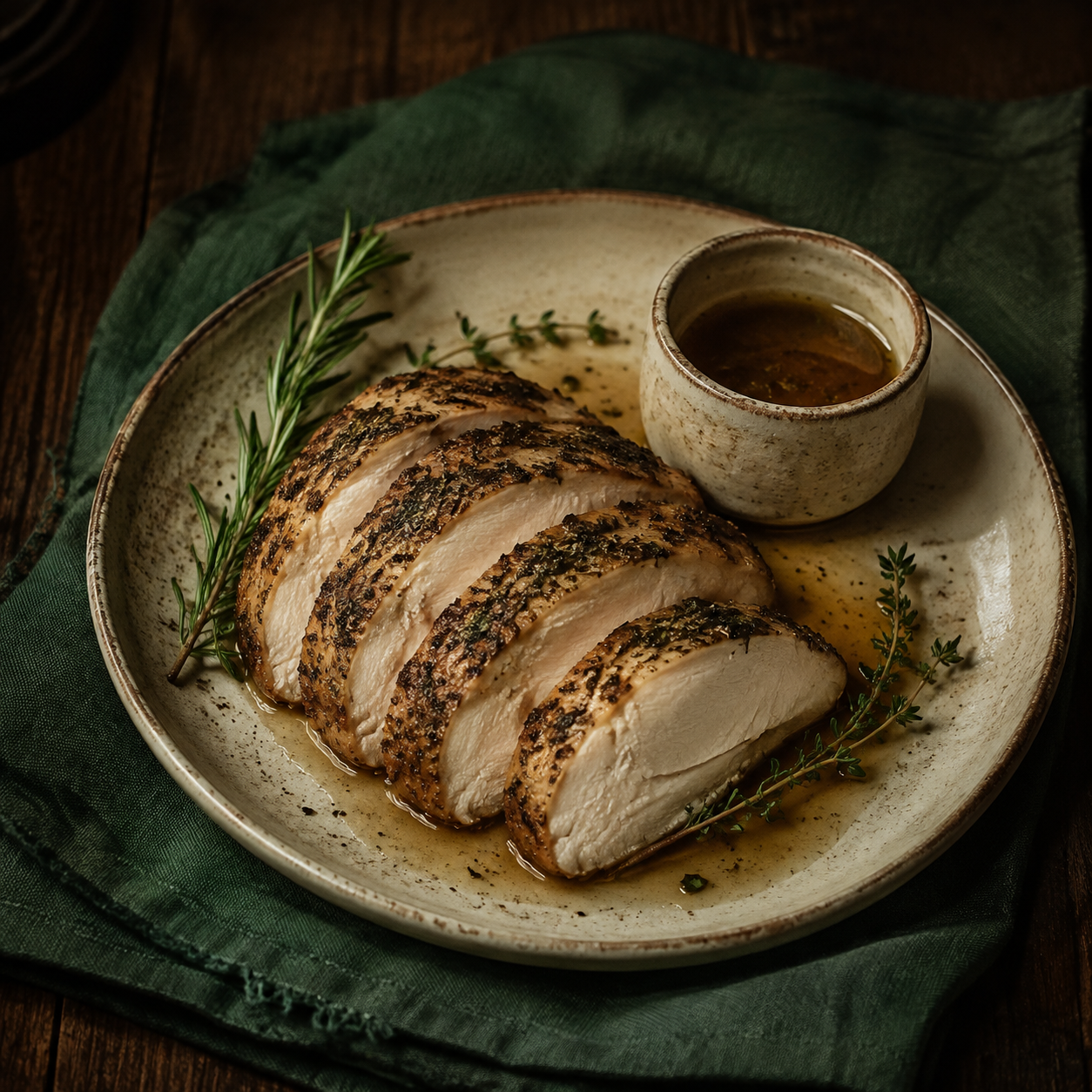 Painterly guildhall serving of Herb-Rubbed Turkey Au Jus beside forest-green linen.