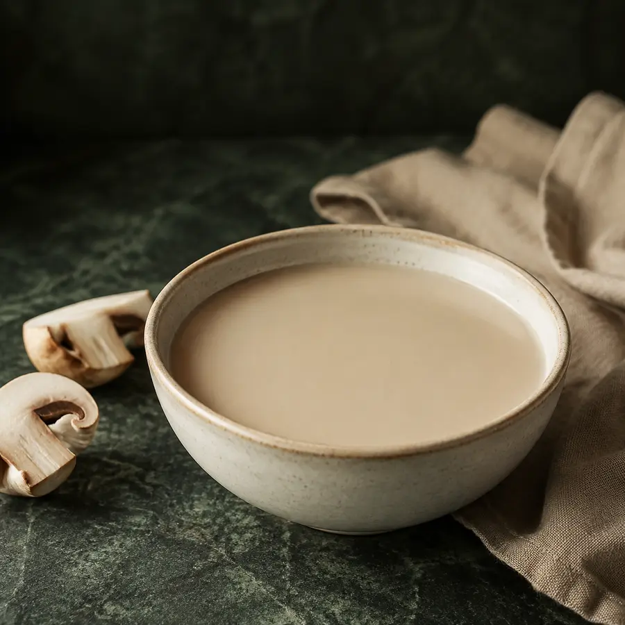 A small cream bowl of completely smooth pale mushroom soup on dark forest-green stone beside warm linen.