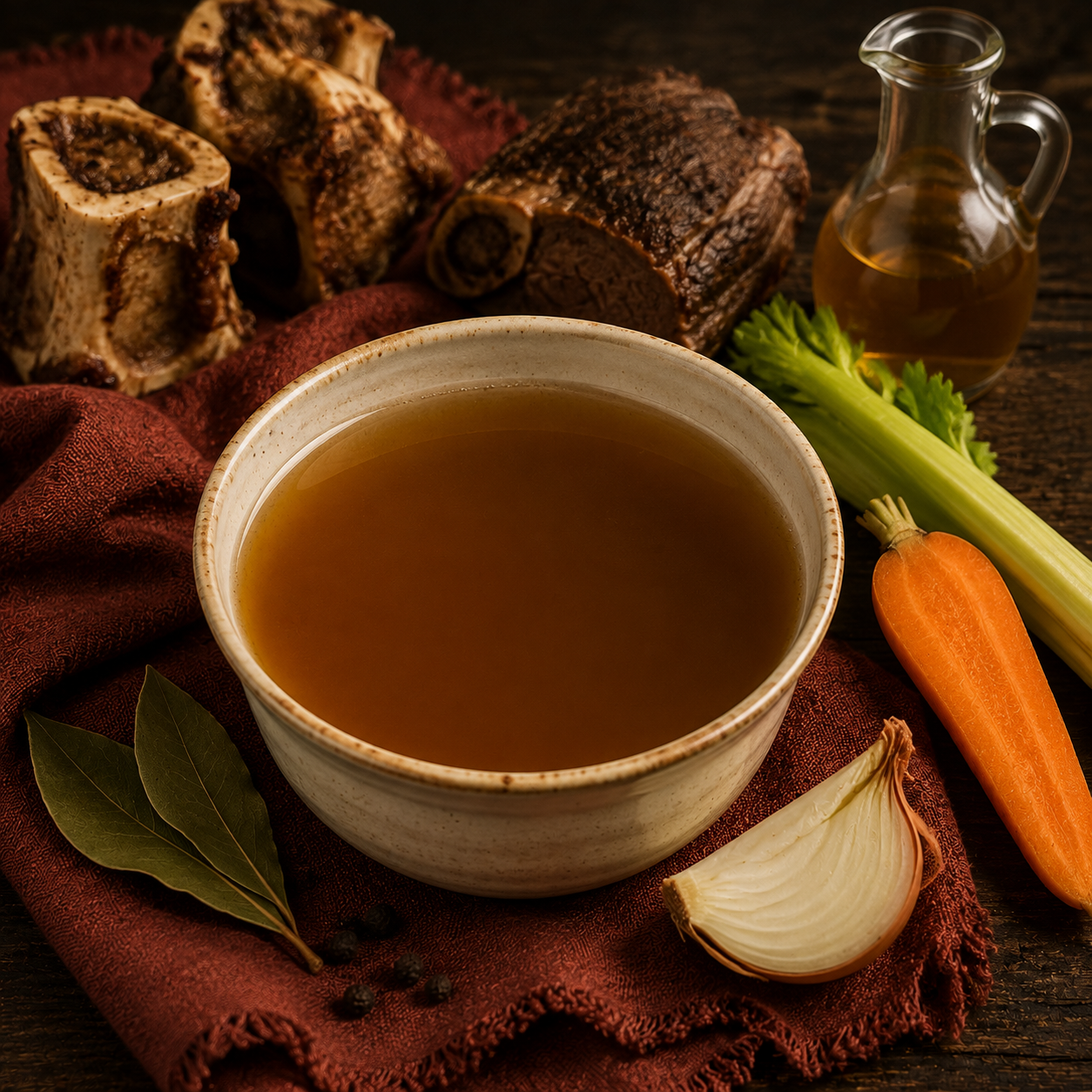 Clear deep-amber beef bone broth in a cream ceramic bowl with its ingredients arranged beside muted-rust linen.