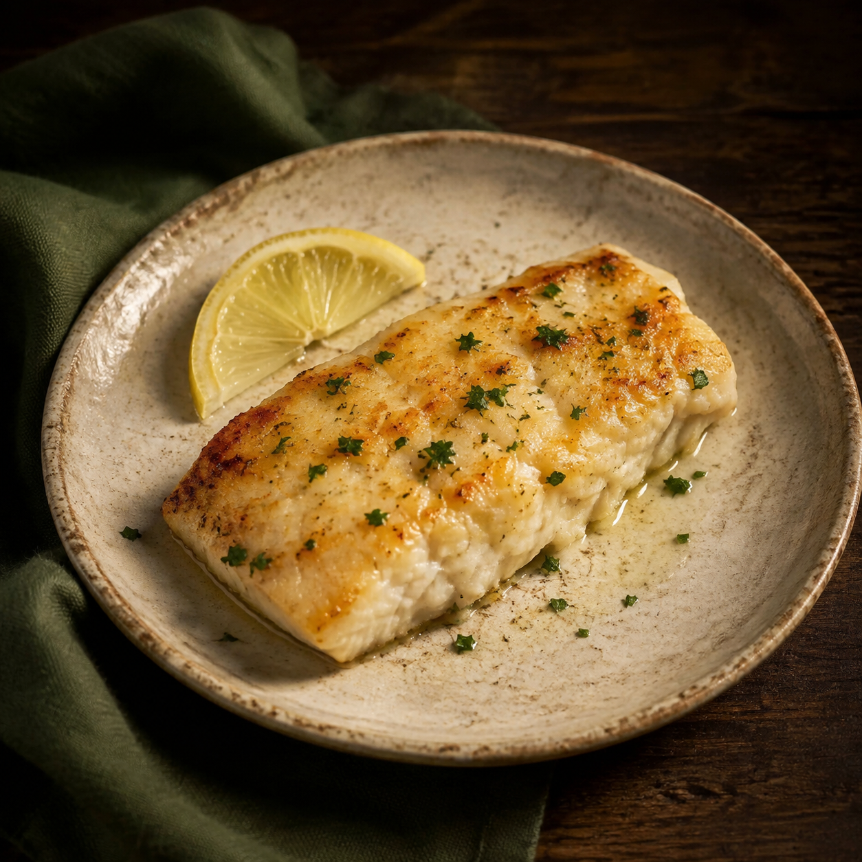 Painterly guildhall serving of Lemon-broiled Orange Roughy beside forest-green linen.