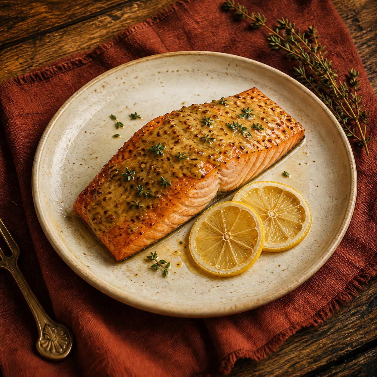 Glazed lemon Dijon salmon with thyme