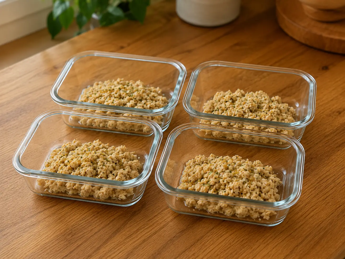 Four clear glass meal-prep containers holding measured portions of moist lemon-herb tempeh crumble on a warm wooden provisioning table.