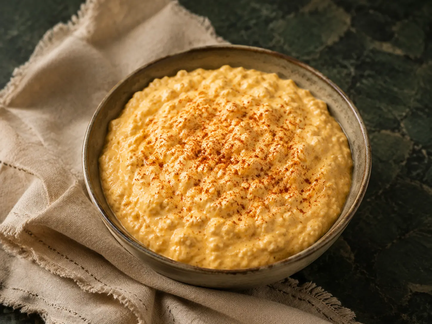 A rustic bowl of creamy pale golden-orange cottage-cheese taco dip with warm spice on dark forest-green stone.