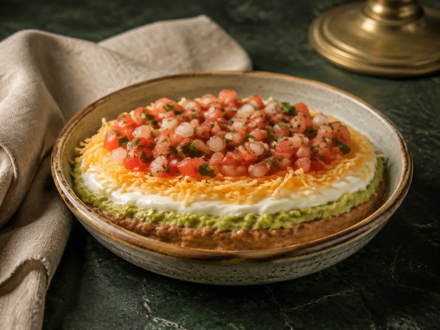 A small shallow rustic bowl showing tidy layers of refried beans, guacamole, Greek yogurt, cheese, and pico de gallo.
