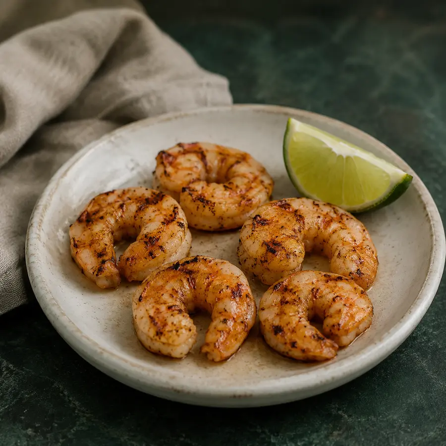 Five moist grilled shrimp with light char and a lime wedge on a small plate over dark green stone.