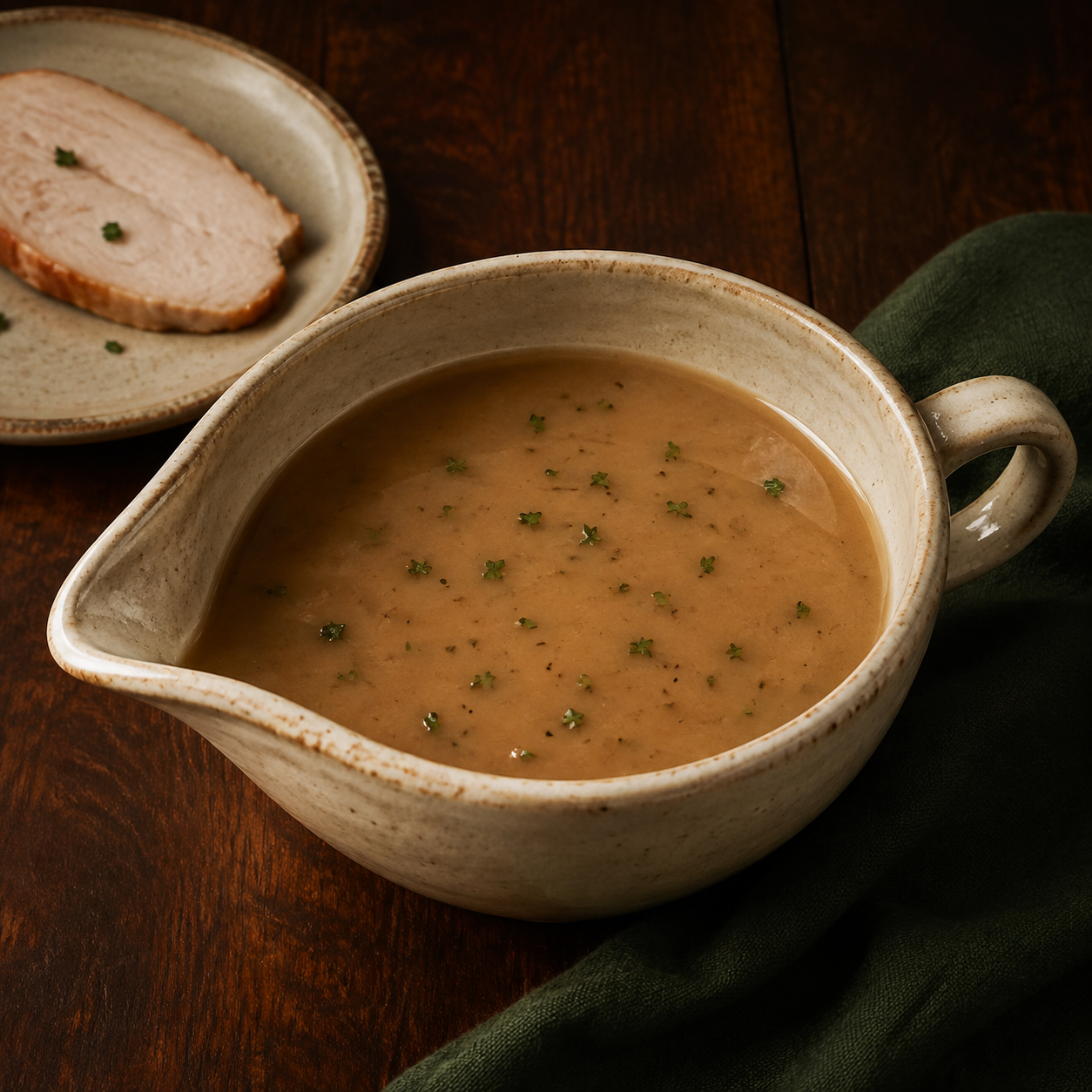 Painterly guildhall serving of Low-fat Turkey Gravy beside forest-green linen.