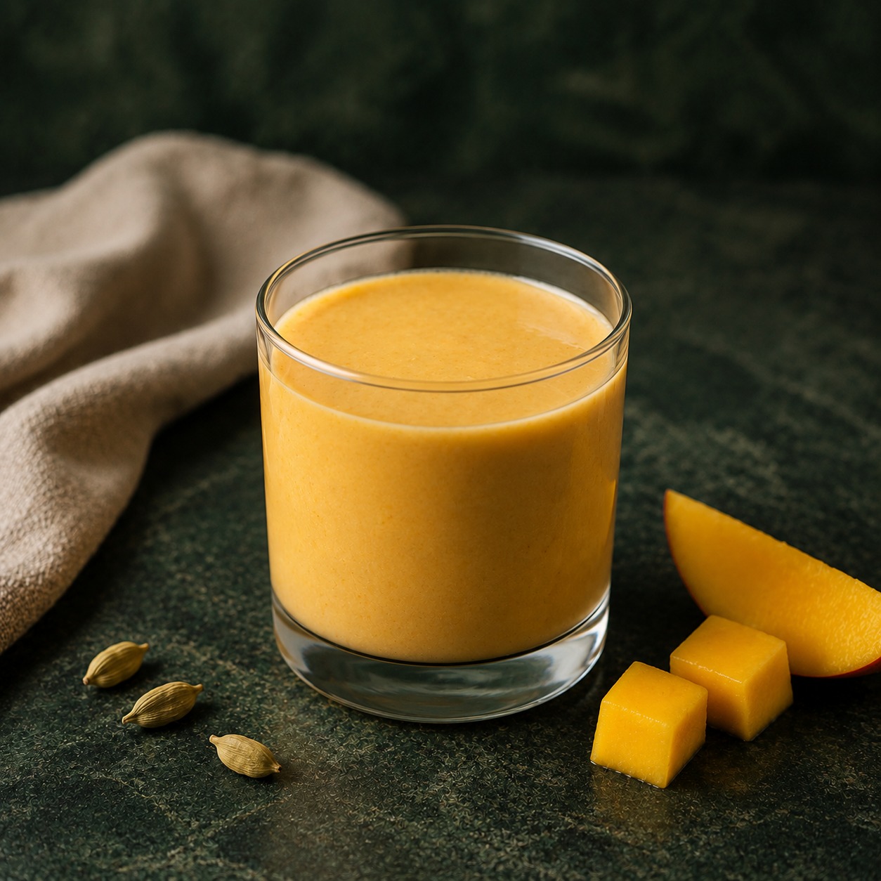 A small golden mango cardamom protein smoothie in a clear glass with restrained mango and cardamom accents.