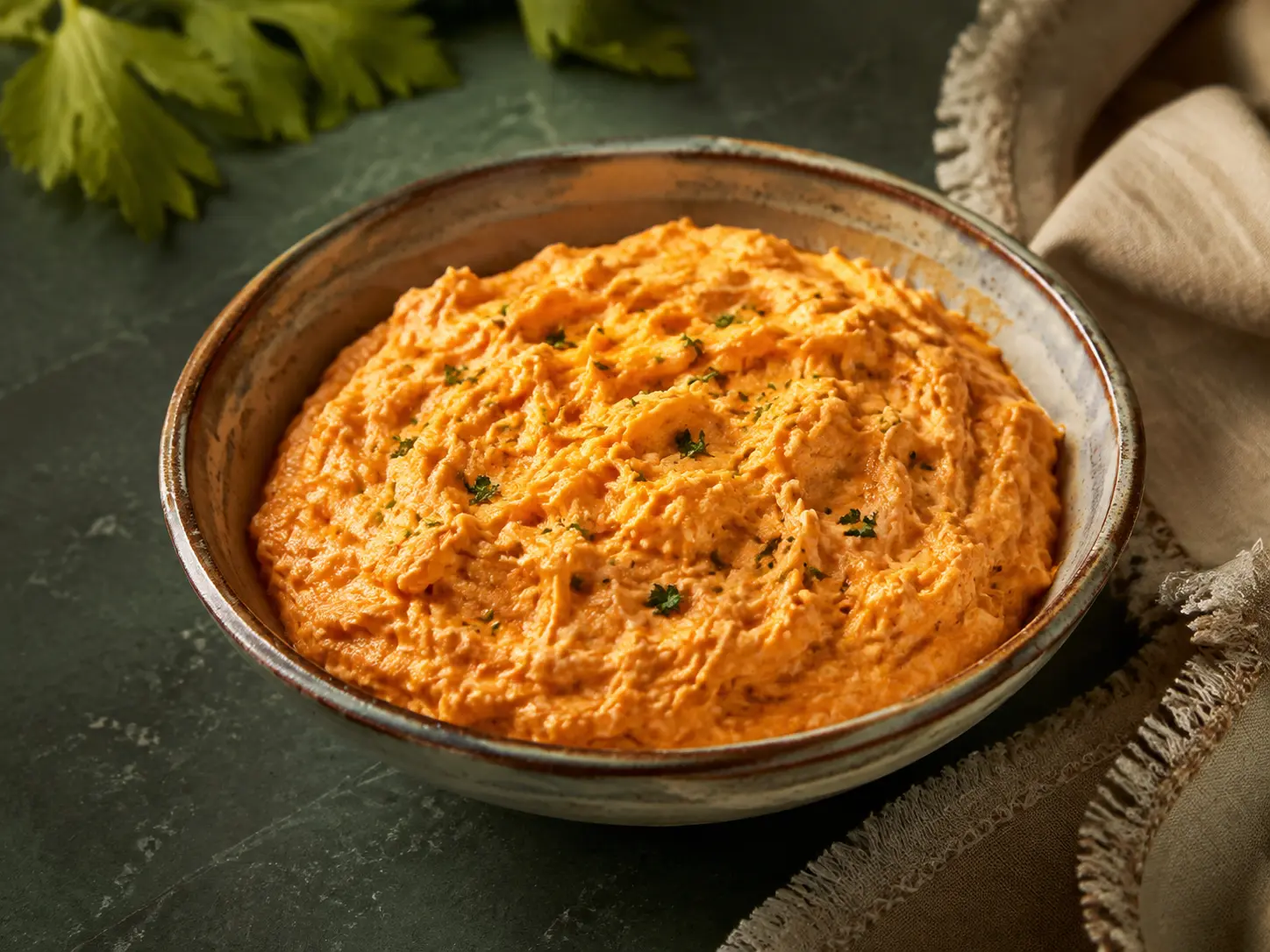 A modest rustic bowl of creamy orange buffalo chicken dip on dark forest-green stone beside warm linen.