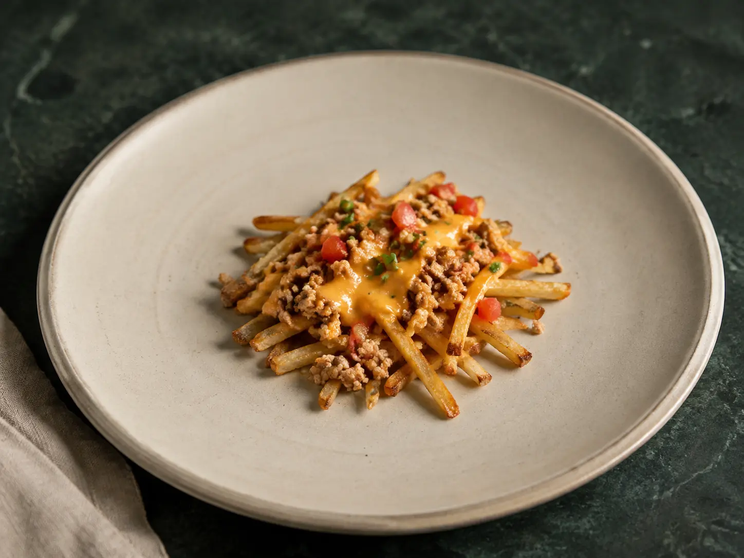 A small serving of golden oven-baked potato fries topped with fine lean turkey crumble and smooth cottage-cheese cheddar queso on cream stoneware.