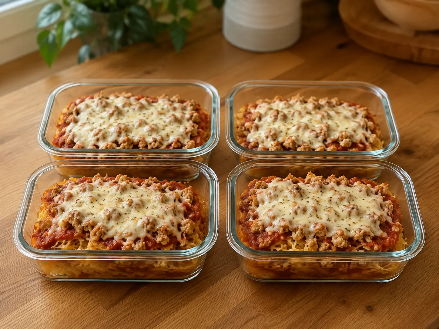 Four clear glass meal-prep containers filled with spaghetti squash, finely crumbled lean turkey, red pizza sauce, and melted mozzarella on a warm wooden table.