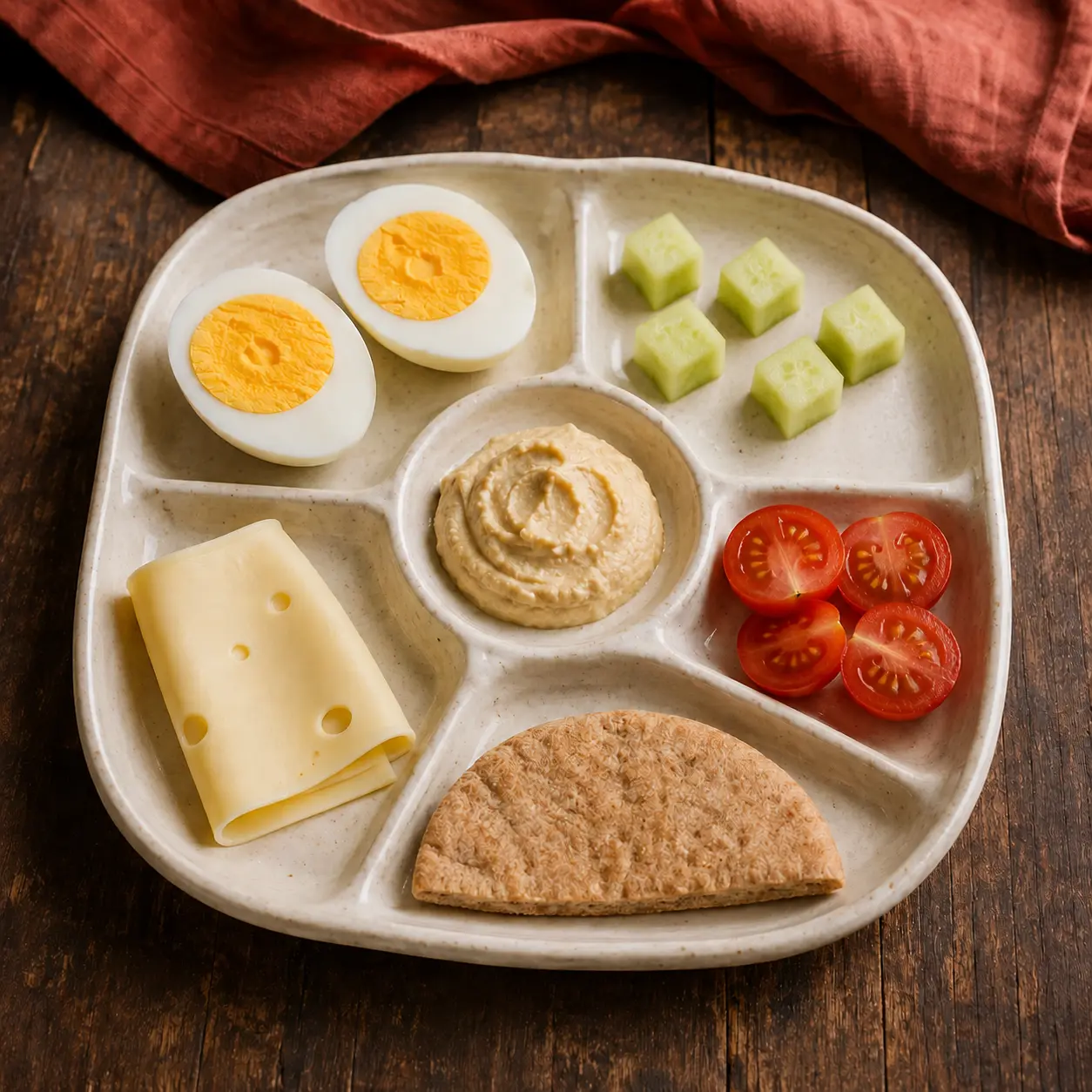 A portioned Mediterranean breakfast box with egg, hummus, vegetables, Swiss cheese, and half a pita.