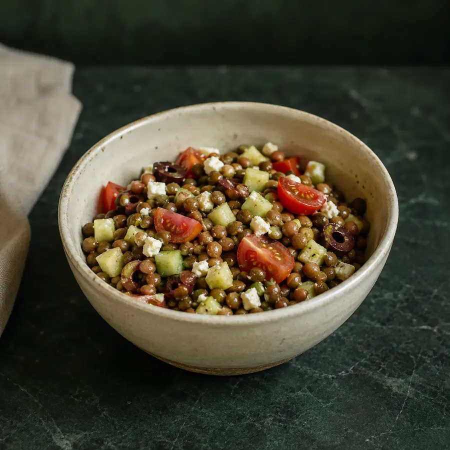 A small bowl of tender brown lentils with restrained cucumber, tomato, olives, and feta.