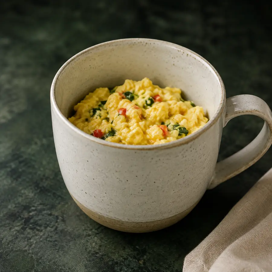 A small ceramic mug of moist scrambled egg with tiny tender vegetable flecks on dark green stone.