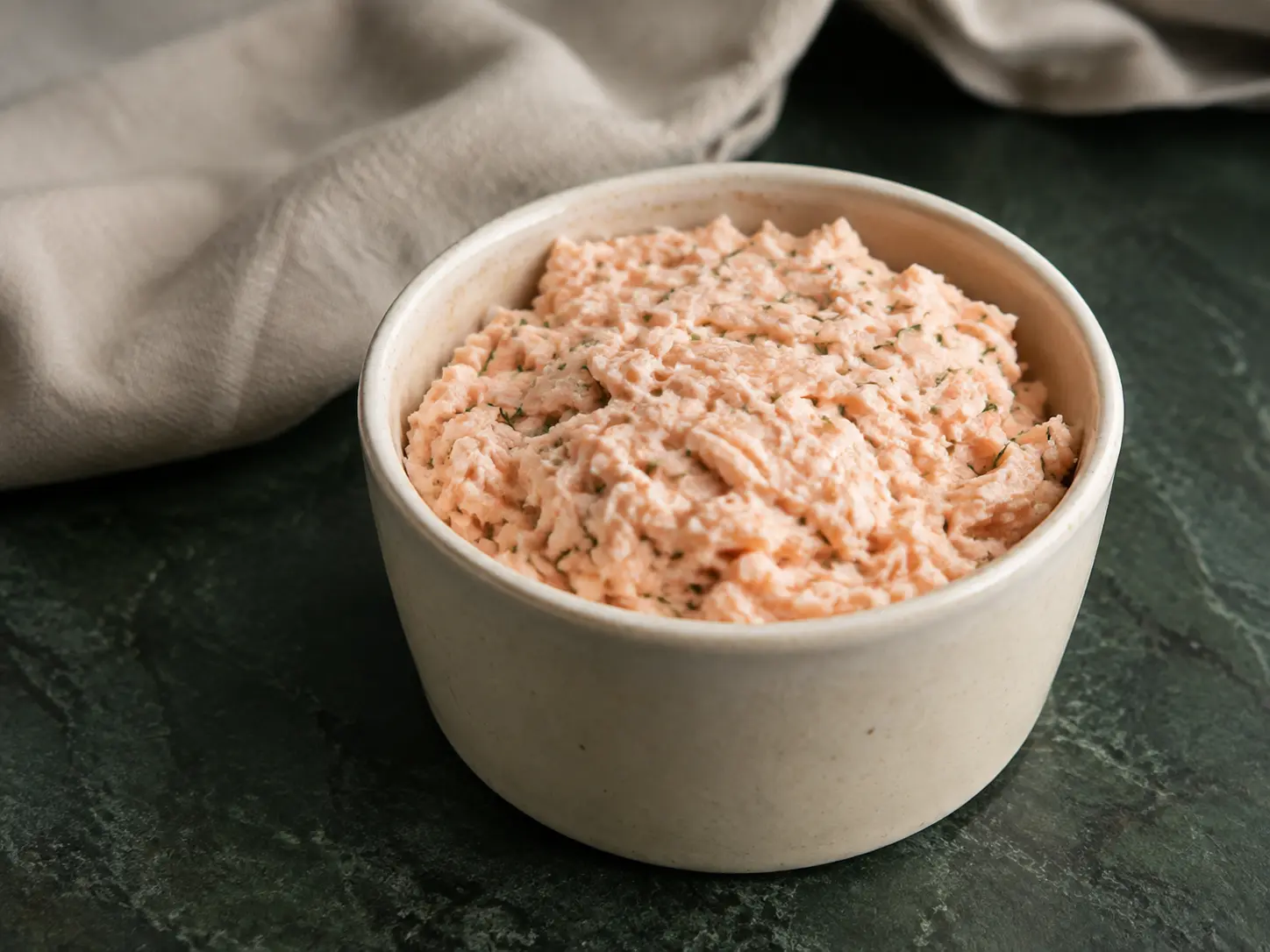 A small cream cup of finely flaked moist lemon-dill salmon salad on dark forest-green stone.