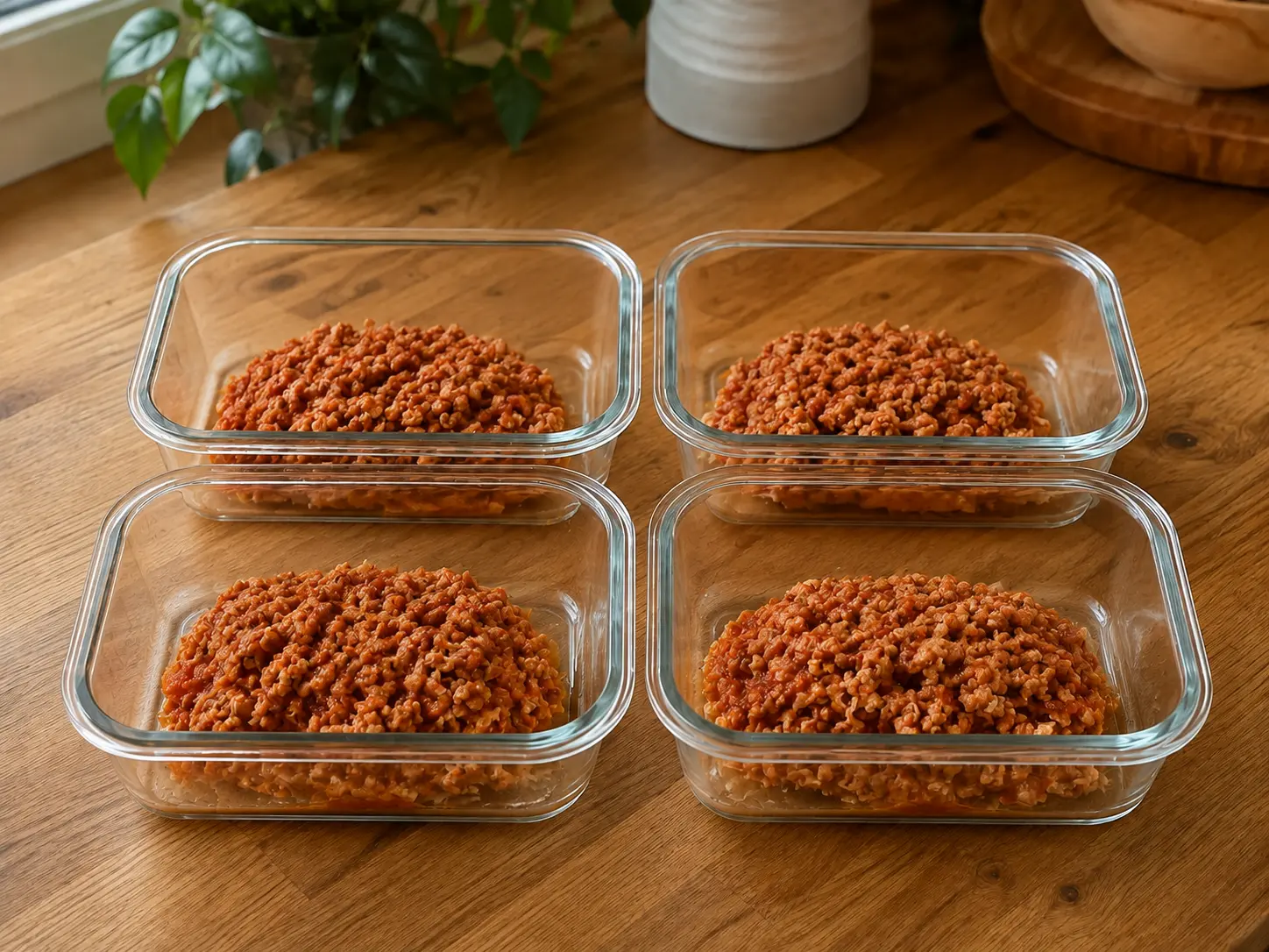 Four clear glass meal-prep containers holding measured portions of moist mild tomato-seasoned turkey crumbles on a warm wooden provisioning table.
