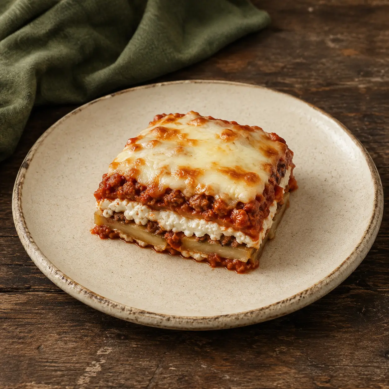 A small tender square of eggplant lasagna with tomato, ricotta, and browned mozzarella.