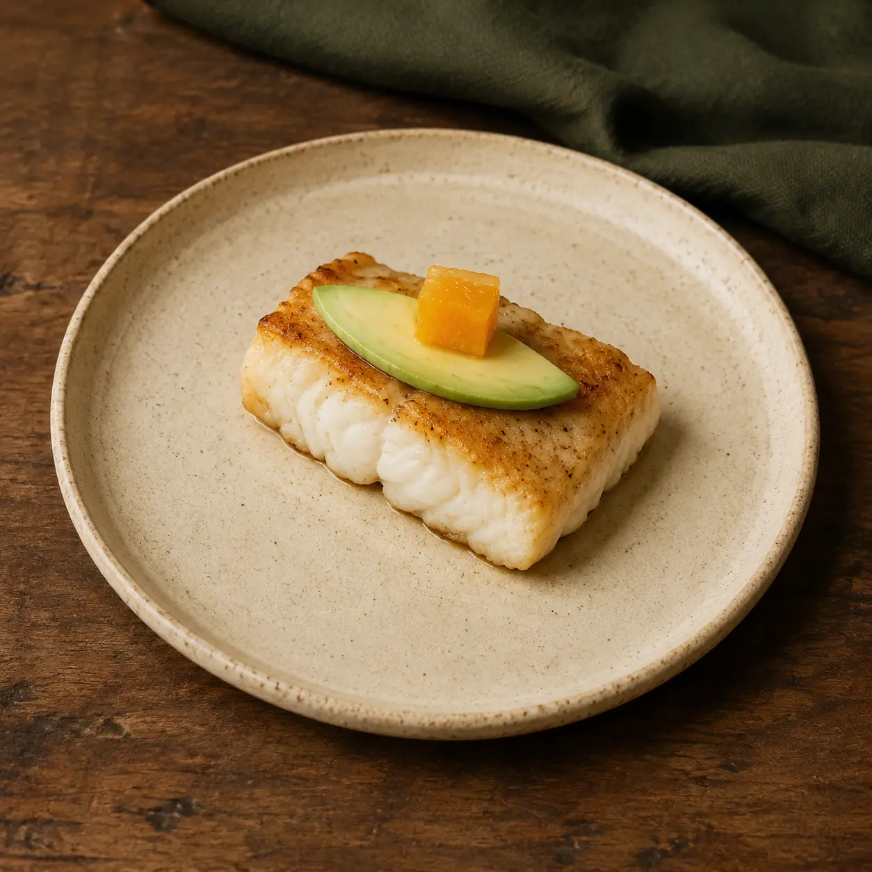 A small pan-seared cod fillet topped with one avocado slice and one orange segment.