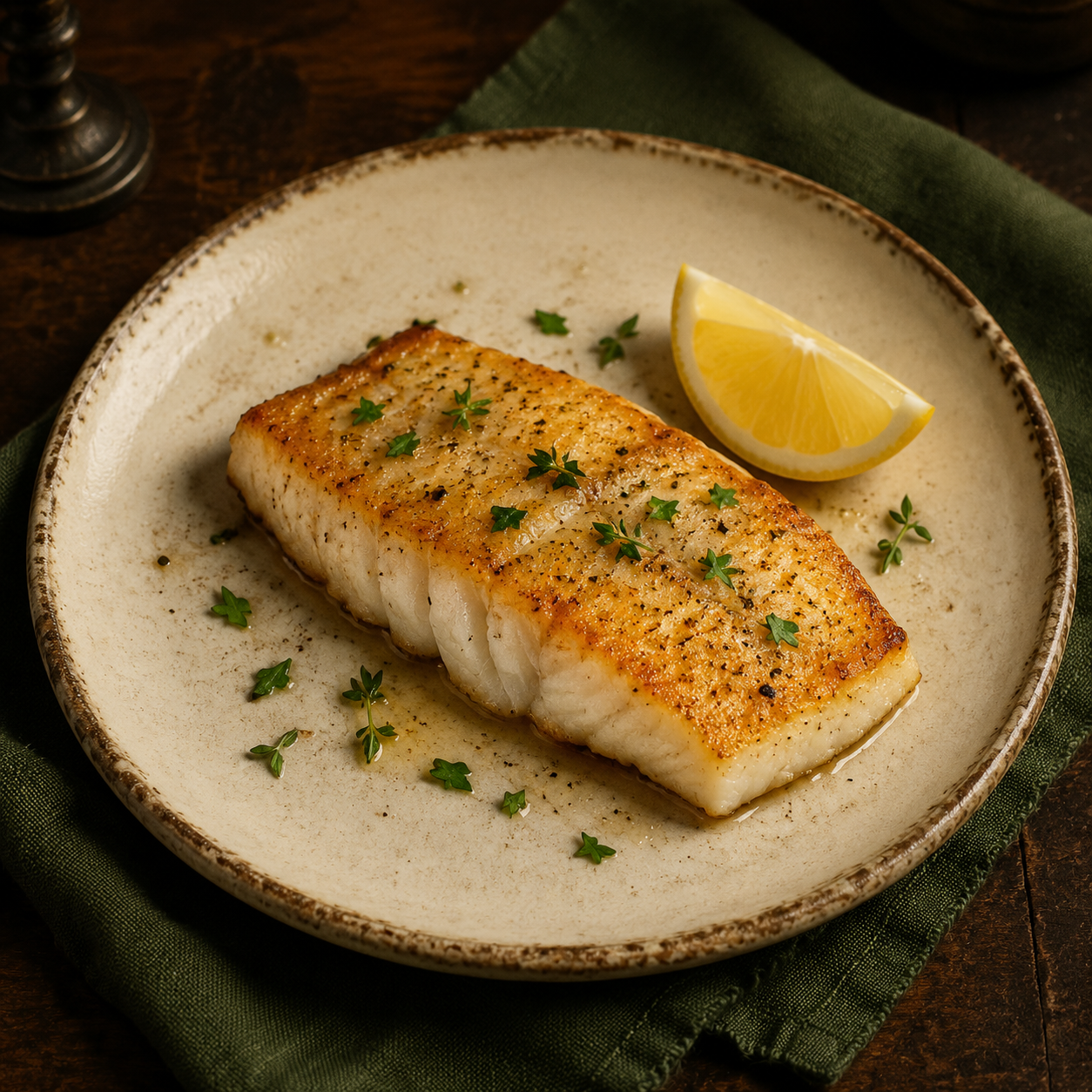 Painterly guildhall serving of Pan-fried Fish Fillet beside forest-green linen.