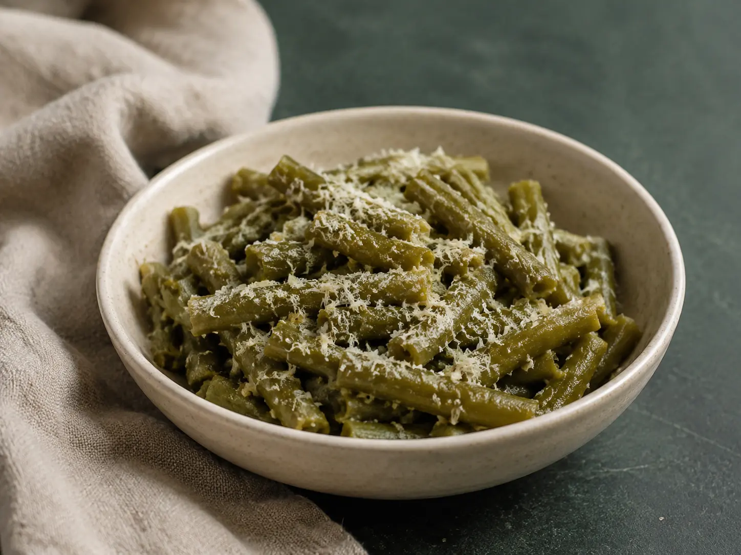 A small cream bowl of very tender cut green beans lightly coated with finely grated Parmesan.