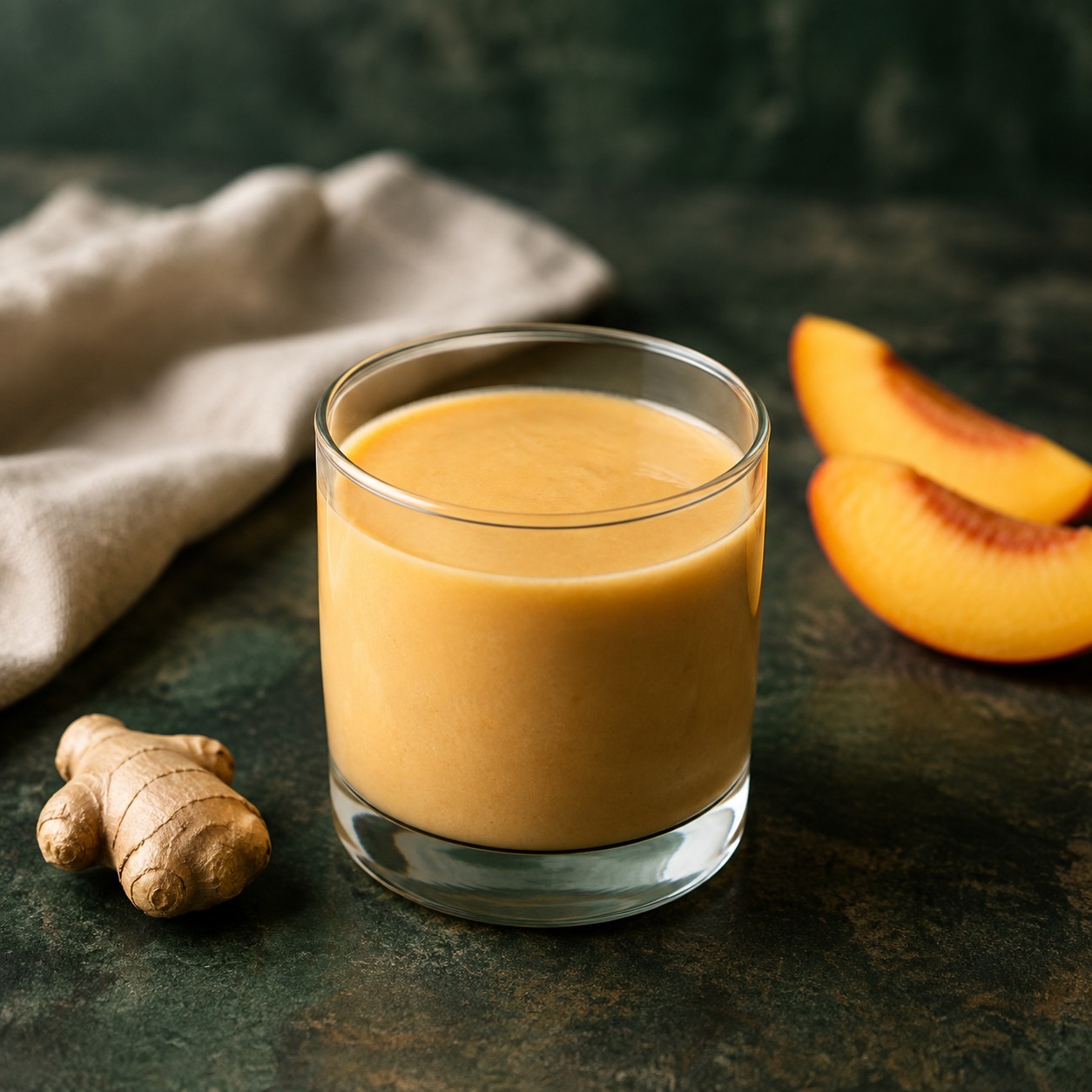 A small pale peach-gold protein smoothie in a clear glass beside peach slices and fresh ginger.