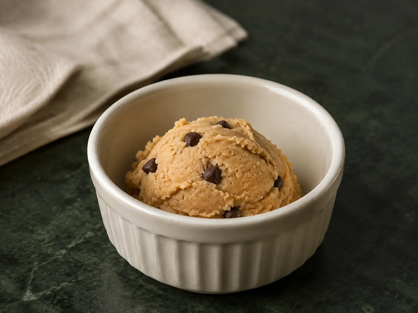 A small cream ramekin of flourless peanut butter protein cookie dough with miniature chocolate chips on dark green stone.
