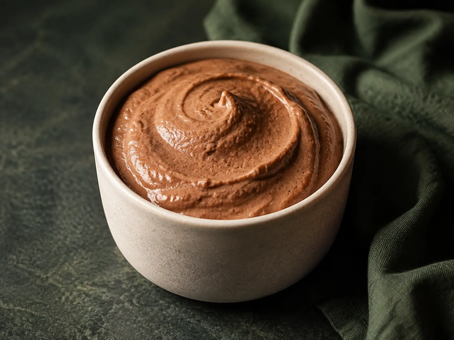 Chocolate peanut butter protein fluff in a small cream stoneware cup beside forest-green linen.